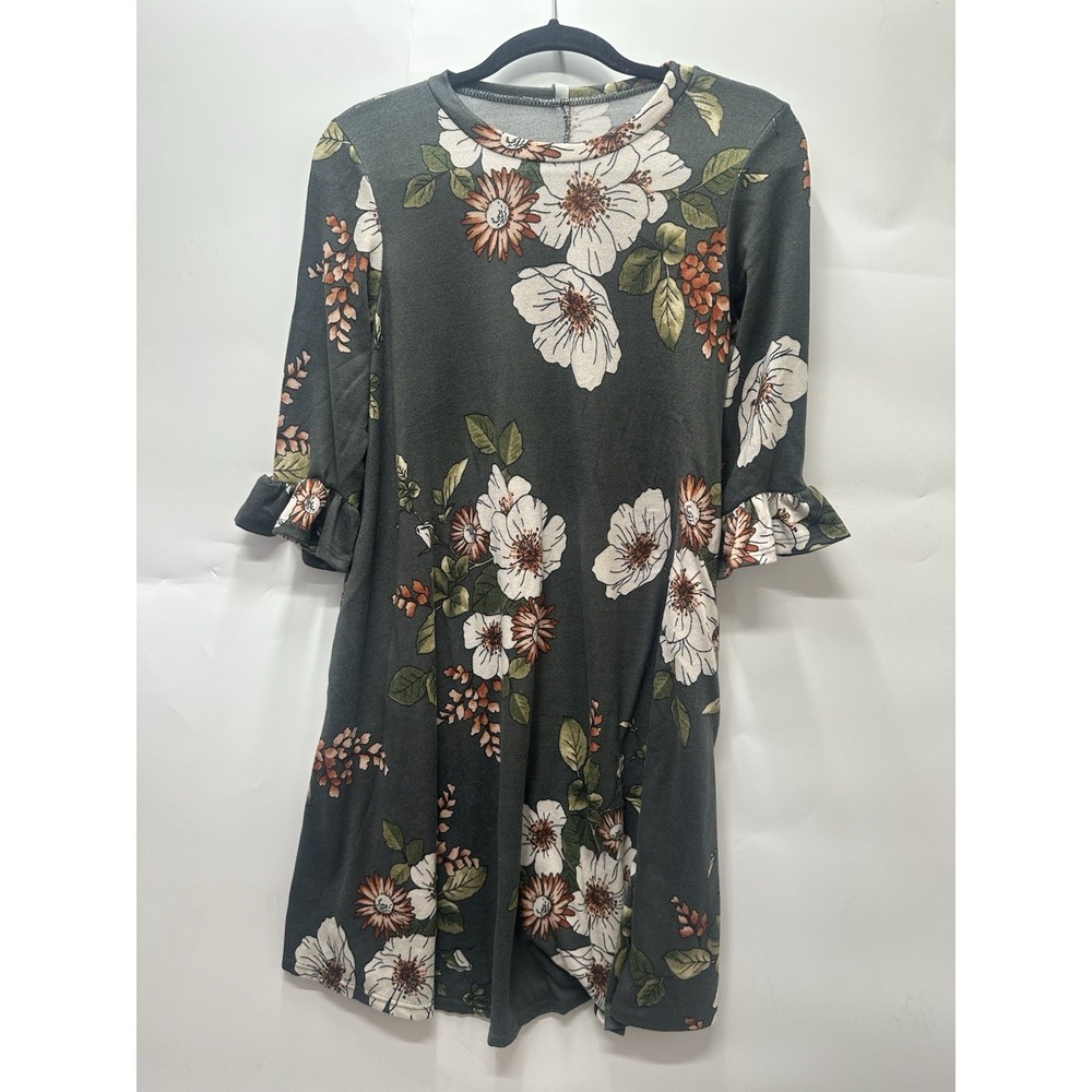 Dark Green Floral Bell-Sleeve Dress stretch comfort knee length Size Small